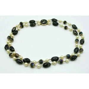 Hong Kong Signed Black Speckled Faux Pearl Bead Beaded Choker Necklace Vintage